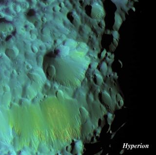 <h1>PIA07768:  Color Variation on Hyperion</h1><div class="PIA07768" lang="en" style="width:800px;text-align:left;margin:auto;background-color:#000;padding:10px;max-height:150px;overflow:auto;"><p>Saturn's moon Hyperion's crater, Meri, blooms in this extreme color-enhanced view. Meri is overprinted by a couple of smaller craters and displays dark material on its floor that is characteristic of many impact sites on this moon. The walls of craters seen here are noticeably smoother on their sloping sides than around their craggy rims.</p></p>This crater is also visible at lower right in the large Hyperion mosaic (see <a href="/catalog/PIA07761">PIA07761</a>).</p></p>To create this false-color view, ultraviolet, green and infrared images were combined into a single black and white picture that isolates and maps regional color differences. This "color map" was then superimposed over a clear-filter image.</p></p>The combination of color map and brightness image shows how the colors vary across the moon's surface in relation to geologic features. The origin of the color differences is not yet understood, but may be caused by subtle differences in the surface composition or the sizes of grains making up the icy soil.</p></p>The images used to create this false-color view were acquired on Sept. 26, 2005, at a mean distance of 17,900 kilometers (11,100 miles) from Hyperion. Image scale is about 110 meters (360 feet) per pixel.</p><p>The Cassini-Huygens mission is a cooperative project of NASA, the European Space Agency and the Italian Space Agency. The Jet Propulsion Laboratory, a division of the California Institute of Technology in Pasadena, manages the mission for NASA's Science Mission Directorate, Washington, D.C. The Cassini orbiter and its two onboard cameras were designed, developed and assembled at JPL. The imaging operations center is based at the Space Science Institute in Boulder, Colo.</p></p>For more information about the Cassini-Huygens mission visit <a href="http://saturn.jpl.nasa.gov">http://saturn.jpl.nasa.gov</a>. The Cassini imaging team homepage is at <a href="http://ciclops.org">http://ciclops.org</a>.</p><br /><br /><a href="http://photojournal.jpl.nasa.gov/catalog/PIA07768" onclick="window.open(this.href); return false;" title="Voir l'image 	 PIA07768:  Color Variation on Hyperion	  sur le site de la NASA">Voir l'image 	 PIA07768:  Color Variation on Hyperion	  sur le site de la NASA.</a></div>