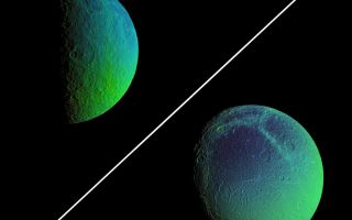 <h1>PIA07769:  Color Variation Across Rhea and Dione</h1><div class="PIA07769" lang="en" style="width:800px;text-align:left;margin:auto;background-color:#000;padding:10px;max-height:150px;overflow:auto;"><p>Saturn's cratered, icy moons, Rhea and Dione, come alive with vibrant color that reveals new information about their surface properties.</p><p>To create these false-color views, ultraviolet, green and infrared images were combined into a single black and white picture that isolates and maps regional color differences. This "color map" was then superimposed over a clear-filter image of each moon.</p><p>The combination of color map and brightness image shows how the colors vary across the moon's surface in relation to geologic features. The origin of the color differences is not yet understood, but may be caused by subtle differences in the surface composition or the sizes of grains making up the icy soil.</p><p>The Rhea view is a two-image mosaic. Images in the mosaic were acquired on Aug. 1, 2005, at a mean distance of 214,700 kilometers (133,400 miles) from Rhea and at a Sun-Rhea-spacecraft, or phase, angle of 88 degrees. Image scale is 1.3 kilometers (0.8 miles) per pixel.</p><p>The mosaic shows terrain on the trailing hemisphere of Rhea (1,528 kilometers, or 949 miles across), and is centered on 42 degrees south latitude. North is up and rotated 28 degrees to the left.</p><p>Images in the Dione false-color view were acquired on Aug. 1, 2005, at a mean distance of 267,600 kilometers (166,300 miles) from Dione. Image scale is 1.6 kilometers (1 mile) per pixel.</p><p>The image shows terrain on the trailing hemisphere of Dione (1,126 kilometers, or 700 miles across), and is centered on 41 degrees south latitude. North is up.</p><p>The images have not been scaled to show the moons' proper relative sizes. </p><p>The Cassini-Huygens mission is a cooperative project of NASA, the European Space Agency and the Italian Space Agency. The Jet Propulsion Laboratory, a division of the California Institute of Technology in Pasadena, manages the mission for NASA's Science Mission Directorate, Washington, D.C. The Cassini orbiter and its two onboard cameras were designed, developed and assembled at JPL. The imaging operations center is based at the Space Science Institute in Boulder, Colo.</p></p>For more information about the Cassini-Huygens mission visit <a href="http://saturn.jpl.nasa.gov">http://saturn.jpl.nasa.gov</a>. The Cassini imaging team homepage is at <a href="http://ciclops.org">http://ciclops.org</a>.</p><br /><br /><a href="http://photojournal.jpl.nasa.gov/catalog/PIA07769" onclick="window.open(this.href); return false;" title="Voir l'image 	 PIA07769:  Color Variation Across Rhea and Dione	  sur le site de la NASA">Voir l'image 	 PIA07769:  Color Variation Across Rhea and Dione	  sur le site de la NASA.</a></div>