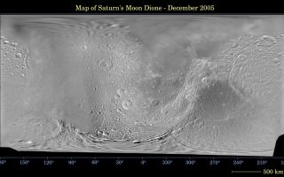 <h1>PIA07776:  Map of Dione -- December 2005</h1><div class="PIA07776" lang="en" style="width:800px;text-align:left;margin:auto;background-color:#000;padding:10px;max-height:150px;overflow:auto;"><p>This global digital map of Saturn's moon Dione was created using data taken during Cassini and Voyager spacecraft flybys. The map is an equidistant projection and has a scale of 977 meters (3,205 feet) per pixel.</p><p>The mean radius of Dione used for projection of this map is 560 kilometers (348 miles). The resolution of the map is 10 pixels per degree.</p><p>The Cassini-Huygens mission is a cooperative project of NASA, the European Space Agency and the Italian Space Agency. The Jet Propulsion Laboratory, a division of the California Institute of Technology in Pasadena, manages the mission for NASA's Science Mission Directorate, Washington, D.C. The Cassini orbiter and its two onboard cameras were designed, developed and assembled at JPL. The imaging operations center is based at the Space Science Institute in Boulder, Colo.</p><p>For more information about the Cassini-Huygens mission visit <a href="http://saturn.jpl.nasa.gov">http://saturn.jpl.nasa.gov</a>. The Cassini imaging team homepage is at <a href="http://ciclops.org">http://ciclops.org</a>.</p><br /><br /><a href="http://photojournal.jpl.nasa.gov/catalog/PIA07776" onclick="window.open(this.href); return false;" title="Voir l'image 	 PIA07776:  Map of Dione -- December 2005	  sur le site de la NASA">Voir l'image 	 PIA07776:  Map of Dione -- December 2005	  sur le site de la NASA.</a></div>