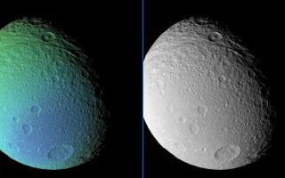<h1>PIA08284:  Transition on Tethys</h1><div class="PIA08284" lang="en" style="width:800px;text-align:left;margin:auto;background-color:#000;padding:10px;max-height:150px;overflow:auto;"><p>An extreme false-color view of Tethys reveals a surface detail not visible in a monochrome view taken at the same time.</p><p>The false-color view shows a color transition from the moon's Saturn-facing side (at left) to a region its trailing side (at bottom).</p><p>Near the top of the images, the central-peaked crater Telemachus lies in the deeply grooved terrain that marks the northern reaches of Ithaca Chasma.</p><p>To create the false-color view, ultraviolet, green and infrared images were combined into a single picture that isolates and maps regional color differences. This "color map" was then superposed over a clear-filter image that preserves the relative brightness across the body.</p><p>The combination of color map and brightness image shows how colors vary across Tethys' surface. The origin of the color differences is not yet understood, but may be caused by subtle differences in the surface composition or the sizes of grains making up the icy surface material.</p><p>The monochrome image was taken using a clear filter.</p><p>North on Tethys (1,071 kilometers, or 665 miles across) is up and rotated 36 degrees to the right.</p><p>The images used to create this view were acquired using the Cassini spacecraft narrow-angle camera on Sept. 9, 2006 at a distance of approximately 221,000 kilometers (137,000 miles) from Tethys and at a Sun-Tethys-spacecraft, or phase, angle of 52 degrees. Image scale is 1 kilometer (4,332 feet) per pixel.</p><p>The Cassini-Huygens mission is a cooperative project of NASA, the European Space Agency and the Italian Space Agency. The Jet Propulsion Laboratory, a division of the California Institute of Technology in Pasadena, manages the mission for NASA's Science Mission Directorate, Washington, D.C. The Cassini orbiter and its two onboard cameras were designed, developed and assembled at JPL. The imaging operations center is based at the Space Science Institute in Boulder, Colo.</p><p>For more information about the Cassini-Huygens mission visit <a href="http://saturn.jpl.nasa.gov">http://saturn.jpl.nasa.gov/home/index.cfm</a>. The Cassini imaging team homepage is at <a href="http://ciclops.org">http://ciclops.org</a>.</p><br /><br /><a href="http://photojournal.jpl.nasa.gov/catalog/PIA08284" onclick="window.open(this.href); return false;" title="Voir l'image 	 PIA08284:  Transition on Tethys	  sur le site de la NASA">Voir l'image 	 PIA08284:  Transition on Tethys	  sur le site de la NASA.</a></div>