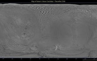<h1>PIA08342:  Map of Enceladus - December 2006</h1><div class="PIA08342" lang="en" style="width:800px;text-align:left;margin:auto;background-color:#000;padding:10px;max-height:150px;overflow:auto;"><p>This global digital map of Saturn's moon Enceladus was created using data taken by the Cassini spacecraft, with gaps in coverage filled in by NASA Voyager spacecraft data. The map is an equidistant projection and has a scale of 300 meters (980 feet) per pixel. Equidistant projections preserve distances on a body, with some distortion of area and direction.</p><p>The mean radius of Enceladus used for projection of this map is 252 kilometers (157 miles).</p><p>This map is an update to the version released in December 2005. See <a href="/catalog/PIA07777">PIA07777</a>.</p><p>The Cassini-Huygens mission is a cooperative project of NASA, the European Space Agency and the Italian Space Agency. The Jet Propulsion Laboratory, a division of the California Institute of Technology in Pasadena, manages the mission for NASA's Science Mission Directorate, Washington, D.C. The Cassini orbiter and its two onboard cameras were designed, developed and assembled at JPL. The imaging operations center is based at the Space Science Institute in Boulder, Colo.</p><p>For more information about the Cassini-Huygens mission visit <a href="http://saturn.jpl.nasa.gov">http://saturn.jpl.nasa.gov/home/index.cfm</a>. The Cassini imaging team homepage is at <a href="http://ciclops.org">http://ciclops.org</a>.</p><br /><br /><a href="http://photojournal.jpl.nasa.gov/catalog/PIA08342" onclick="window.open(this.href); return false;" title="Voir l'image 	 PIA08342:  Map of Enceladus - December 2006	  sur le site de la NASA">Voir l'image 	 PIA08342:  Map of Enceladus - December 2006	  sur le site de la NASA.</a></div>