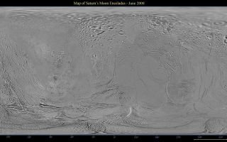 <h1>PIA08417:  Map of Enceladus</h1><div class="PIA08417" lang="en" style="width:800px;text-align:left;margin:auto;background-color:#000;padding:10px;max-height:150px;overflow:auto;"><p>This global map of Saturn's moon Enceladus was created using images taken during Cassini spacecraft flybys, with Voyager images filling in the gaps in Cassini's coverage.</p><p>The map is an equidistant (simple cylindrical) projection and has a scale of 440 meters (1,444 feet) per pixel at the equator. The mean radius of Enceladus used for projection of this map is 252 kilometers (157 miles). This mosaic map is an update to the version released in December 2006 (see <a href="/catalog/PIA08342">PIA08342</a>). The mosaic was shifted by 3.5 degrees to the west, compared to the previous version, to be consistent with the International Astronomical Union longitude definition for Enceladus.</p><p>The Cassini-Huygens mission is a cooperative project of NASA, the European Space Agency and the Italian Space Agency. The Jet Propulsion Laboratory, a division of the California Institute of Technology in Pasadena, manages the mission for NASA's Science Mission Directorate, Washington, D.C. The Cassini orbiter and its two onboard cameras were designed, developed and assembled at JPL. The imaging operations center is based at the Space Science Institute in Boulder, Colo.</p><p>For more information about the Cassini-Huygens mission visit <a href="http://saturn.jpl.nasa.gov" class="external free" target="wpext">http://saturn.jpl.nasa.gov/</a>. The Cassini imaging team homepage is at <a href="http://ciclops.org" class="external free" target="wpext">http://ciclops.org</a>.<br /><br /><a href="http://photojournal.jpl.nasa.gov/catalog/PIA08417" onclick="window.open(this.href); return false;" title="Voir l'image 	 PIA08417:  Map of Enceladus	  sur le site de la NASA">Voir l'image 	 PIA08417:  Map of Enceladus	  sur le site de la NASA.</a></div>