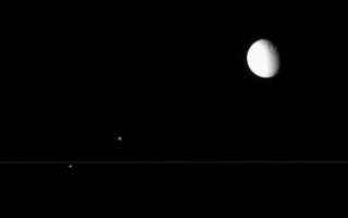 <h1>PIA09008:  Cassini Scores a Triple</h1><div class="PIA09008" lang="en" style="width:800px;text-align:left;margin:auto;background-color:#000;padding:10px;max-height:150px;overflow:auto;"><p>The Cassini spacecrafts views from edge-on with the rings are perfect for capturing multiple Saturnian moons grouped closely.</p><p>Here Tethys (1,071 kilometers, or 665 miles across), with its enormous crater Odysseus, is partly overexposed near upper right. At left, Epimetheus (116 kilometers, or 72 miles across) hovers above the rings, while Pandora (84 kilometers, or 52 miles across) hangs below.</p><p>The image was taken in visible light with the Cassini spacecraft narrow-angle camera on July 2, 2007 at a distance of approximately 2.2 million kilometers (1.4 million miles) from Saturn. Image scale is 12 kilometers (7 miles) per pixel on Tethys, 13 kilometers (8 miles) per pixel on Pandora, and 14 kilometers (9 miles) per pixel on Epimetheus.</p><p>The Cassini-Huygens mission is a cooperative project of NASA, the European Space Agency and the Italian Space Agency. The Jet Propulsion Laboratory, a division of the California Institute of Technology in Pasadena, manages the mission for NASA's Science Mission Directorate, Washington, D.C. The Cassini orbiter and its two onboard cameras were designed, developed and assembled at JPL. The imaging operations center is based at the Space Science Institute in Boulder, Colo.</p><p>For more information about the Cassini-Huygens mission visit <a href="http://saturn.jpl.nasa.gov">http://saturn.jpl.nasa.gov/home/index.cfm</a>. The Cassini imaging team homepage is at <a href="http://ciclops.org">http://ciclops.org</a>.</p><br /><br /><a href="http://photojournal.jpl.nasa.gov/catalog/PIA09008" onclick="window.open(this.href); return false;" title="Voir l'image 	 PIA09008:  Cassini Scores a Triple	  sur le site de la NASA">Voir l'image 	 PIA09008:  Cassini Scores a Triple	  sur le site de la NASA.</a></div>
