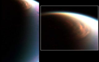 <h1>PIA09171:  Titan's Giant North Pole Cloud</h1><div class="PIA09171" lang="en" style="width:800px;text-align:left;margin:auto;background-color:#000;padding:10px;max-height:150px;overflow:auto;"><p>Cassini's visual and infrared mapping spectrometer has imaged a huge cloud system covering the north pole of Titan.</p></p>This composite image shows the cloud, imaged at a distance of 90,000 kilometers (54,000 miles) during a Dec. 29, 2006, flyby designed to observe the limb of the moon. Cassini's visual and infrared mapping spectrometer scanned the limb, revealing this spectacular cloud system. It covers the north pole down to a latitude of 62 degrees north and at all observed longitudes. </p></p>Such a cloud cover was expected, according to the atmospheric circulation models of Titan, but it had never been observed before with such details. The condensates may be the source of liquids that fill the lakes recently discovered by the radar instrument. This image was color-coded, with blue, green and red at 2 microns, 2.7, and 5 microns, respectively.</p></p>The Cassini-Huygens mission is a cooperative project of NASA, the European Space Agency and the Italian Space Agency. The Jet Propulsion Laboratory, a division of the California Institute of Technology in Pasadena, manages the mission for NASA's Science Mission Directorate, Washington, D.C. The Cassini orbiter was designed, developed and assembled at JPL. The Visual and Infrared Mapping Spectrometer team is based at the University of Arizona where this image was produced. </p></p>For more information about the Cassini-Huygens mission visit <a href="http://saturn.jpl.nasa.gov">http://saturn.jpl.nasa.gov/home/index.cfm</a>. The visual and infrared mapping spectrometer team homepage is at <a href="http://wwwvims.lpl.arizona.edu">http://wwwvims.lpl.arizona.edu</a>. </p><br /><br /><a href="http://photojournal.jpl.nasa.gov/catalog/PIA09171" onclick="window.open(this.href); return false;" title="Voir l'image 	 PIA09171:  Titan's Giant North Pole Cloud	  sur le site de la NASA">Voir l'image 	 PIA09171:  Titan's Giant North Pole Cloud	  sur le site de la NASA.</a></div>