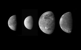 <h1>PIA09352:  Jupiter's Moons: Family Portrait</h1><div class="PIA09352" lang="en" style="width:800px;text-align:left;margin:auto;background-color:#000;padding:10px;max-height:150px;overflow:auto;"><p>This montage shows the best views of Jupiter's four large and diverse "Galilean" satellites as seen by the Long Range Reconnaissance Imager (LORRI) on the New Horizons spacecraft during its flyby of Jupiter in late February 2007. The four moons are, from left to right: Io, Europa, Ganymede and Callisto. The images have been scaled to represent the true relative sizes of the four moons and are arranged in their order from Jupiter.<p></p>Io, 3,640 kilometers (2,260 miles) in diameter, was imaged at 03:50 Universal Time on February 28 from a range of 2.7 million kilometers (1.7 million miles). The original image scale was 13 kilometers per pixel, and the image is centered at Io coordinates 6 degrees south, 22 degrees west. Io is notable for its active volcanism, which New Horizons has studied extensively. <p></p>Europa, 3,120 kilometers (1,938 miles) in diameter, was imaged at 01:28 Universal Time on February 28 from a range of 3 million kilometers (1.8 million miles). The original image scale was 15 kilometers per pixel, and the image is centered at Europa coordinates 6 degrees south, 347 degrees west. Europa's smooth, icy surface likely conceals an ocean of liquid water. New Horizons obtained data on Europa's surface composition and imaged subtle surface features, and analysis of these data may provide new information about the ocean and the icy shell that covers it.<p></p>New Horizons spied Ganymede, 5,262 kilometers (3,268 miles) in diameter, at 10:01 Universal Time on February 27 from 3.5 million kilometers (2.2 million miles) away. The original scale was 17 kilometers per pixel, and the image is centered at Ganymede coordinates 6 degrees south, 38 degrees west. Ganymede, the largest moon in the solar system, has a dirty ice surface cut by fractures and peppered by impact craters. New Horizons' infrared observations may provide insight into the composition of the moon's surface and interior.<p></p>Callisto, 4,820 kilometers (2,995 miles) in diameter, was imaged at 03:50 Universal Time on February 28 from a range of 4.2 million kilometers (2.6 million miles). The original image scale was 21 kilometers per pixel, and the image is centered at Callisto coordinates 4 degrees south, 356 degrees west. Scientists are using the infrared spectra New Horizons gathered of Callisto's ancient, cratered surface to calibrate spectral analysis techniques that will help them to understand the surfaces of Pluto and its moon Charon when New Horizons passes them in 2015.</p><br /><br /><a href="http://photojournal.jpl.nasa.gov/catalog/PIA09352" onclick="window.open(this.href); return false;" title="Voir l'image 	 PIA09352:  Jupiter's Moons: Family Portrait	  sur le site de la NASA">Voir l'image 	 PIA09352:  Jupiter's Moons: Family Portrait	  sur le site de la NASA.</a></div>