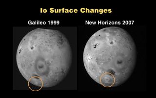 <h1>PIA09355:  Io Surface Changes</h1><div class="PIA09355" lang="en" style="width:800px;text-align:left;margin:auto;background-color:#000;padding:10px;max-height:150px;overflow:auto;"><p>This montage compares similar sides of Io photographed by the Galileo spacecraft in October 1999 (left) and the New Horizons spacecraft on February 27, 2007. The New Horizons image was taken with its Long Range Reconnaissance Imager (LORRI) from a range of 2.7 million kilometers (1.7 million miles).<p></p>Most features on Io have changed little in the seven-plus years between these images, despite continued intense volcanic activity. The largest visible feature is the dark oval composed of deposits from the Pele volcano, nearly 1,200 kilometers (750 miles) across its longest dimension. At high northern latitudes, the volcano Dazhbog is prominent as a dark spot in the New Horizons image, near the edge of the disk at the 11 o'clock position. This volcano is much less conspicuous in the Galileo image. This darkening happened after this 1999 Galileo image but before Galileo took its last images of Io in 2001.<p></p>A more recent change, discovered by New Horizons, can be seen in the southern hemisphere (circled). A new volcanic eruption near 55 degrees south, 290 degrees west has created a roughly circular deposit nearly 500 kilometers (300 miles) in diameter that was not seen by Galileo. Other New Horizons images show that the plume that created this deposit is still active.<p></p>The New Horizons image is centered at Io coordinates 8 degrees south, 269 degrees west.</p><br /><br /><a href="http://photojournal.jpl.nasa.gov/catalog/PIA09355" onclick="window.open(this.href); return false;" title="Voir l'image 	 PIA09355:  Io Surface Changes	  sur le site de la NASA">Voir l'image 	 PIA09355:  Io Surface Changes	  sur le site de la NASA.</a></div>