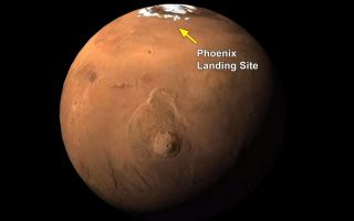 <h1>PIA11202:  Phoenix Landing Site Indicated on Global View</h1><div class="PIA11202" lang="en" style="width:800px;text-align:left;margin:auto;background-color:#000;padding:10px;max-height:150px;overflow:auto;"><p>NASA's Phoenix Mars Mission landed at 68.2 degrees north latitude, 234.2 degrees east longitude. The far-northern location of the site is indicated on this global view from the Mars Orbiter Camera on NASA's Mars Global Surveyor.</p><p>The Phoenix Mission is led by the University of Arizona, Tucson, on behalf of NASA. Project management of the mission is by JPL, Pasadena, Calif. Spacecraft development was by Lockheed Martin Space Systems, Denver.<br /><br /><a href="http://photojournal.jpl.nasa.gov/catalog/PIA11202" onclick="window.open(this.href); return false;" title="Voir l'image 	 PIA11202:  Phoenix Landing Site Indicated on Global View	  sur le site de la NASA">Voir l'image 	 PIA11202:  Phoenix Landing Site Indicated on Global View	  sur le site de la NASA.</a></div>